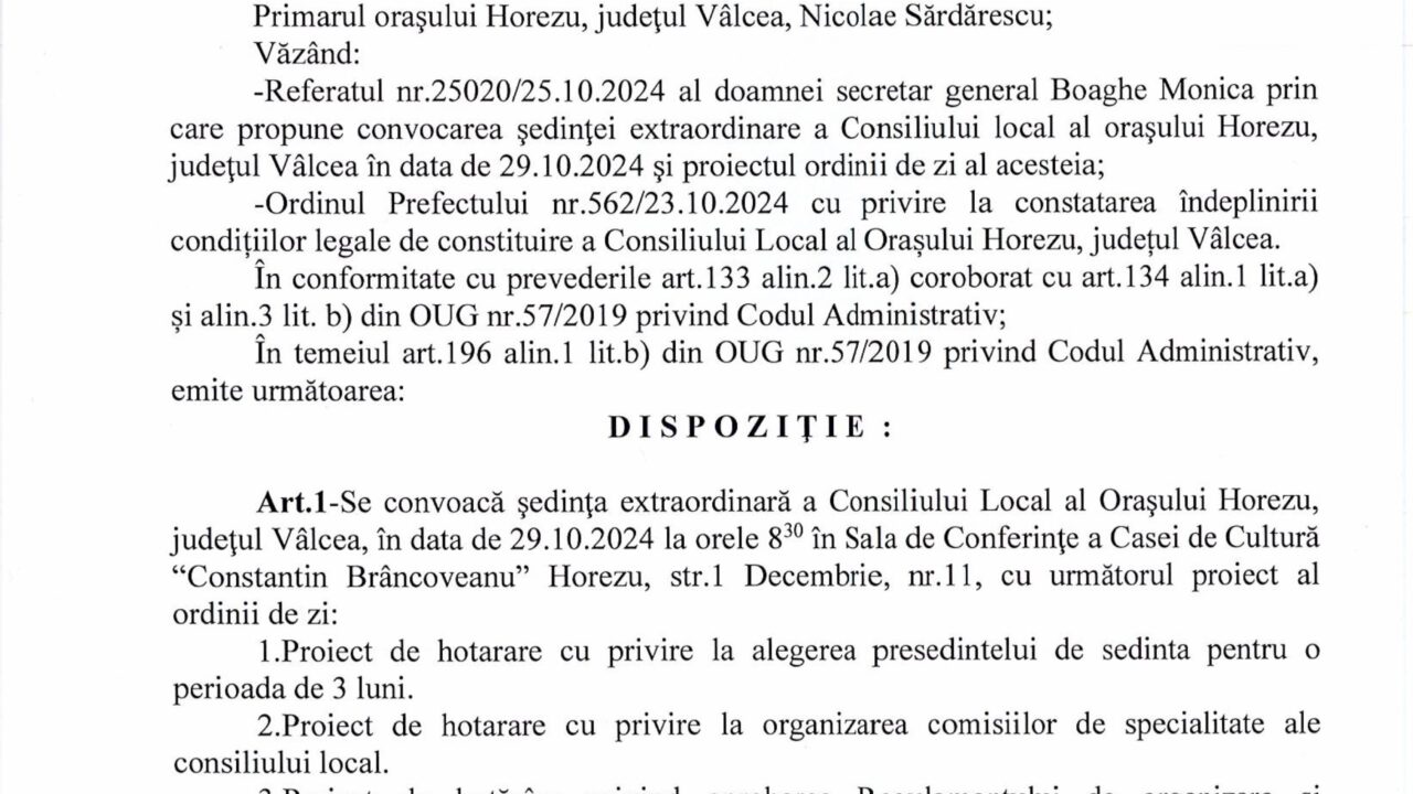 Sedinta extraordinara de consiliu – 29 Octombrie 2024